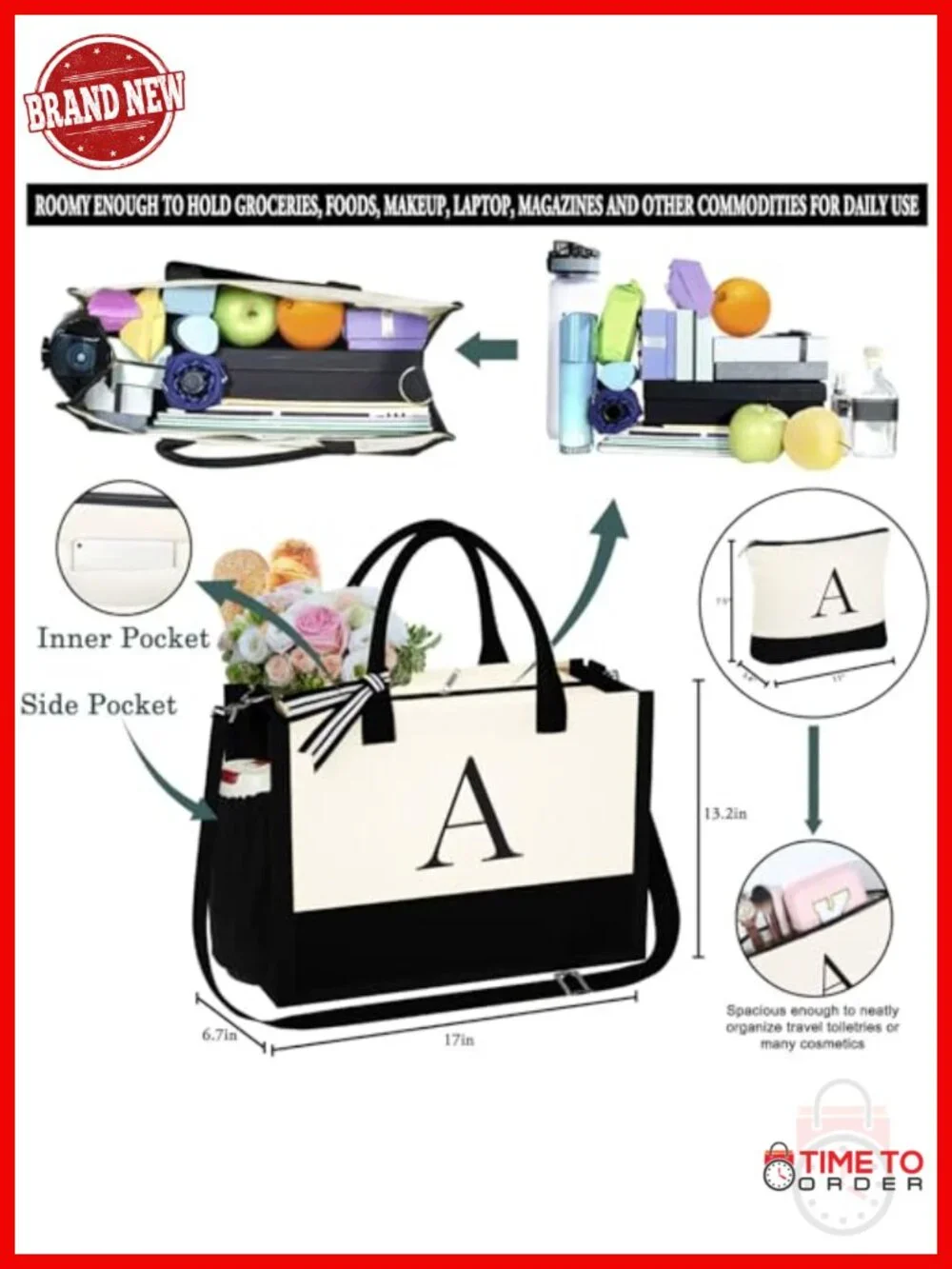 Initial Canvas Tote Bag with Makeup Bag, Monogrammed Beach Bag, Large Capacity,